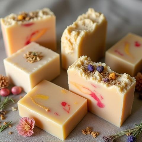 Photo of multiple handmade artisan soap bars with botanical inclusions