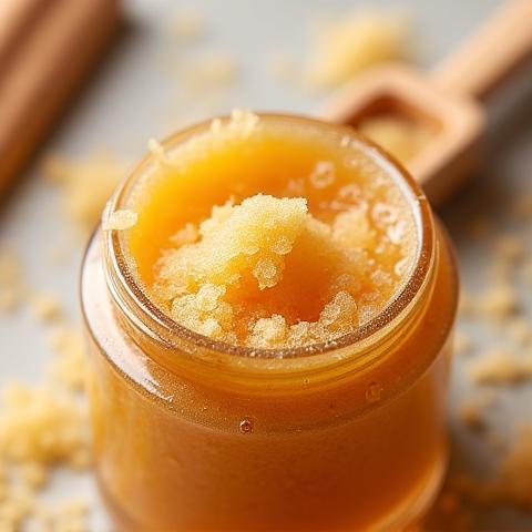 Photo of a jar of exfoliating sugar scrub with visible granules