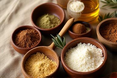 Image of various natural raw materials like oils, butters, and powders